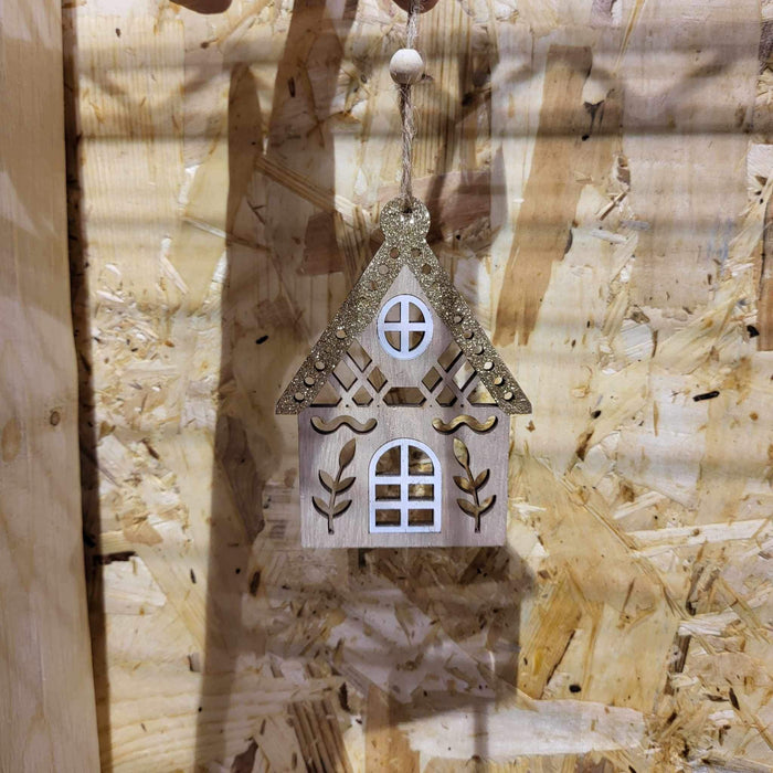 Wooden Cut-out House Ornament with Glitter