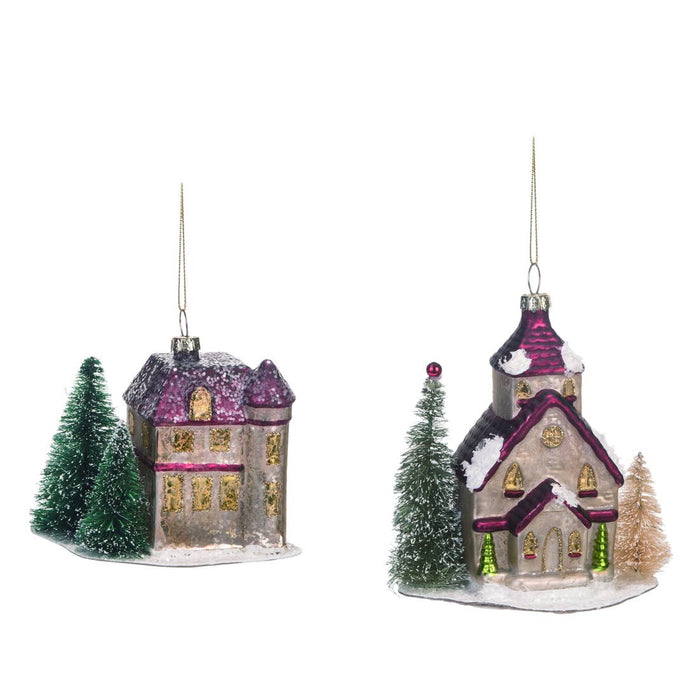 Glass Christmas House with Bottle Brush Tree Ornament