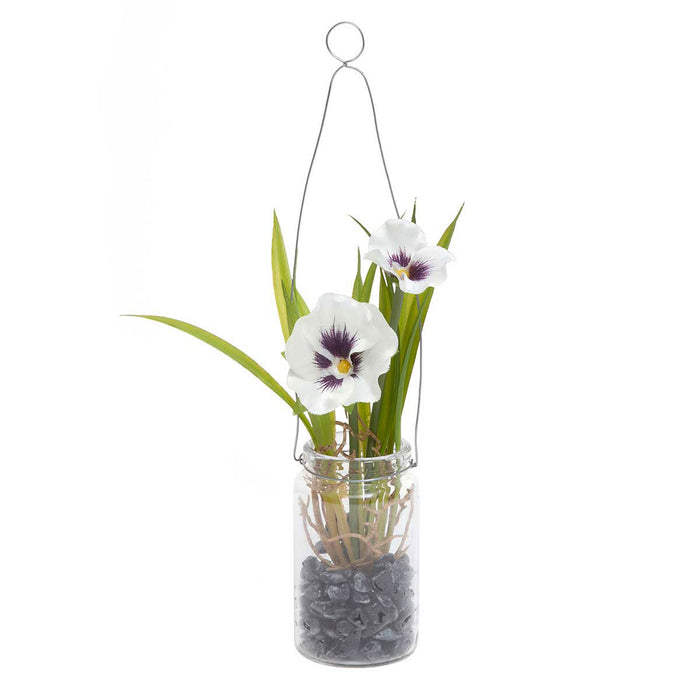 White Pansy in Glass Bottle