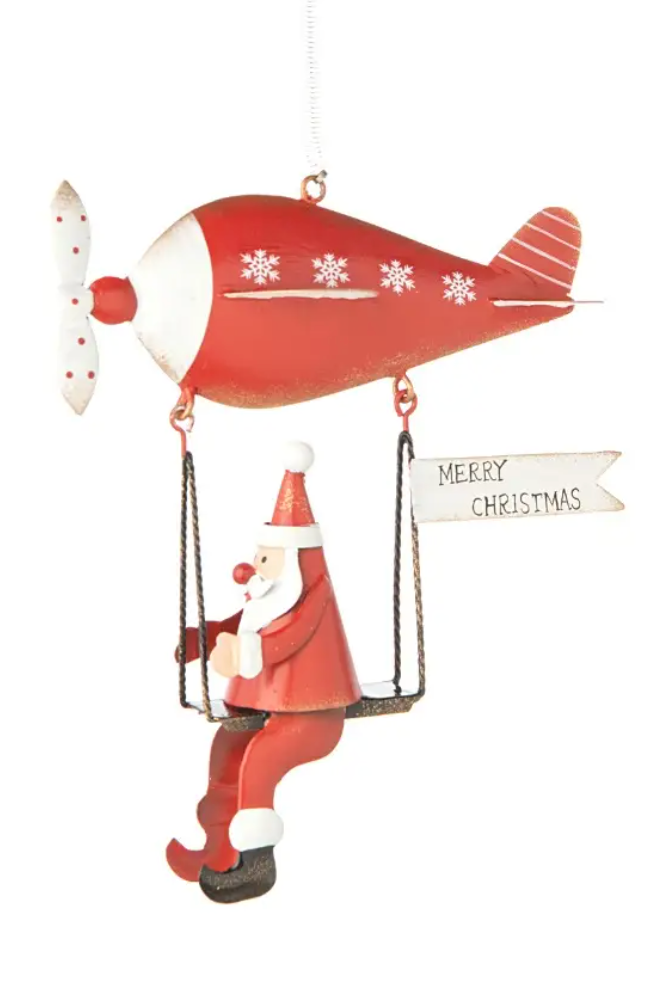 Santa in Flying Machine Ornament