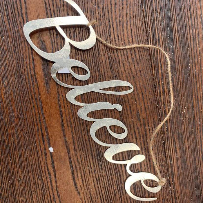 Galvanized "Believe" Script Ornament